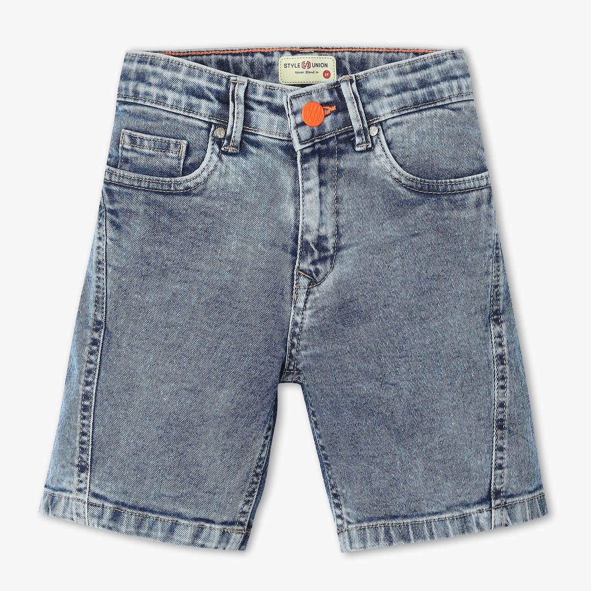 Below Knee Length Stretchable Denim Shorts with Front Cut and Sew
