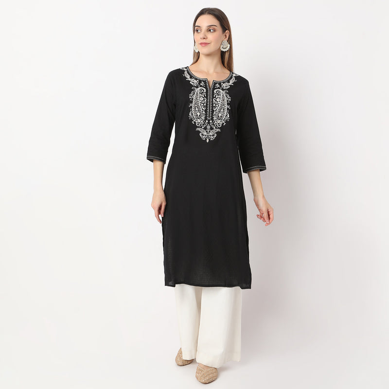 Embroidered Below Knee Length Straight Table Kurta