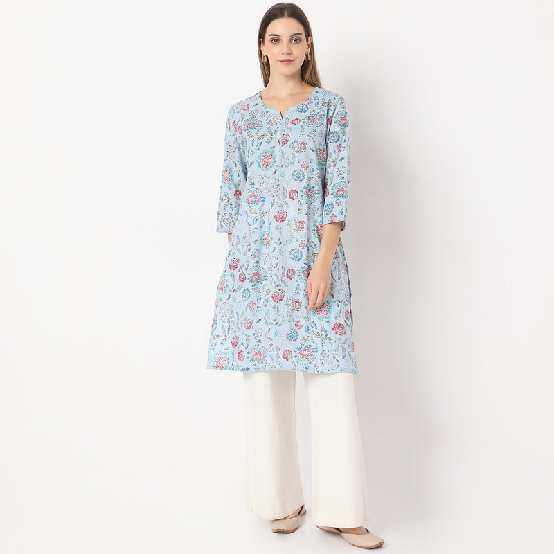 Straight Fit Floral Knee Length Band Collar Table Kurta