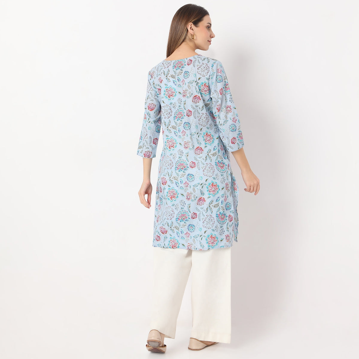 Straight Fit Floral Knee Length Band Collar Table Kurta