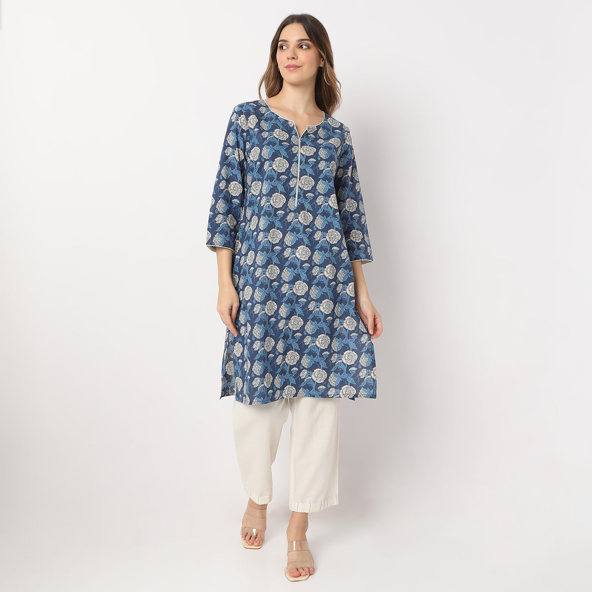 Straight Fit Floral Knee Length Band Collar Table Kurta