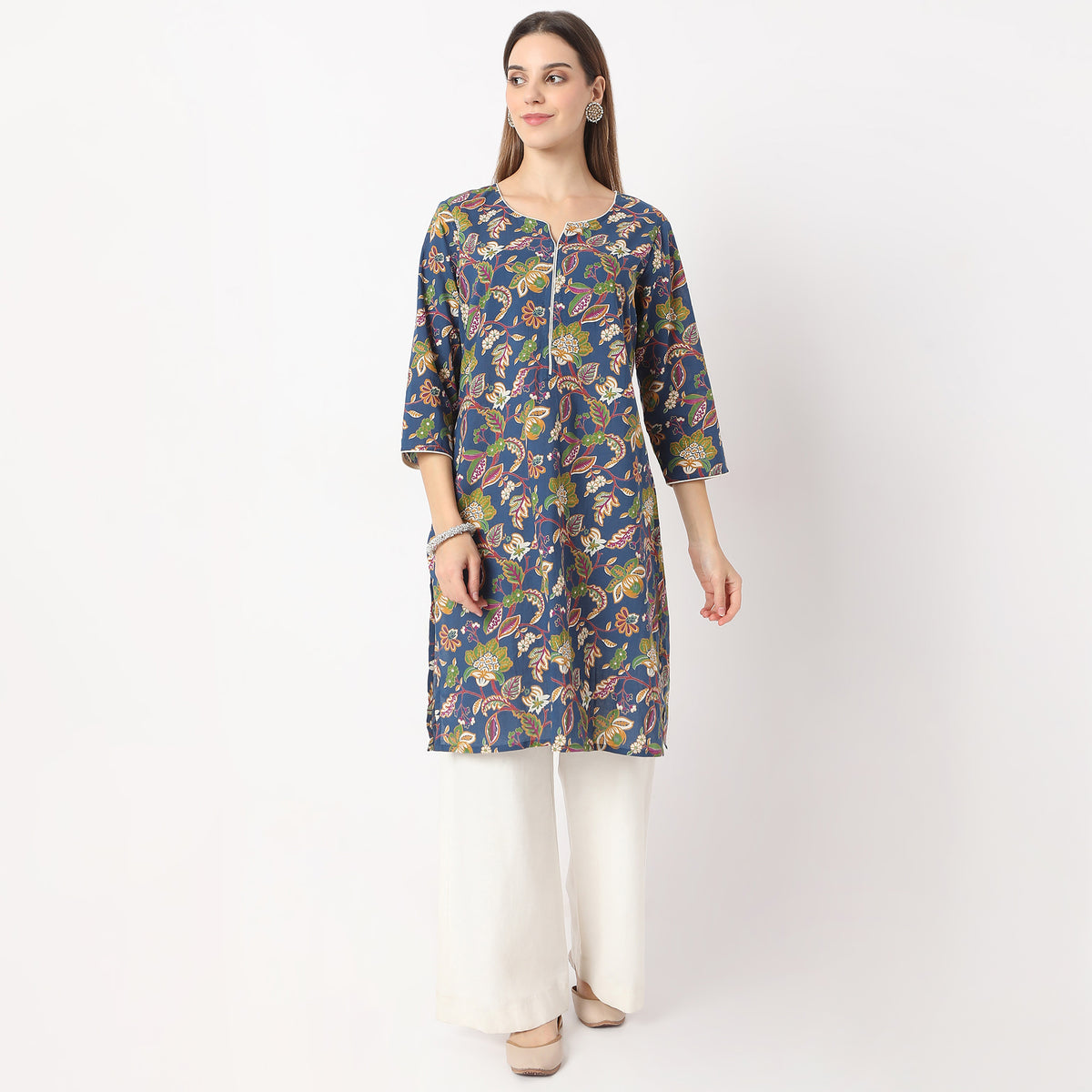 Straight Fit Floral Knee Length Band Collar Table Kurta