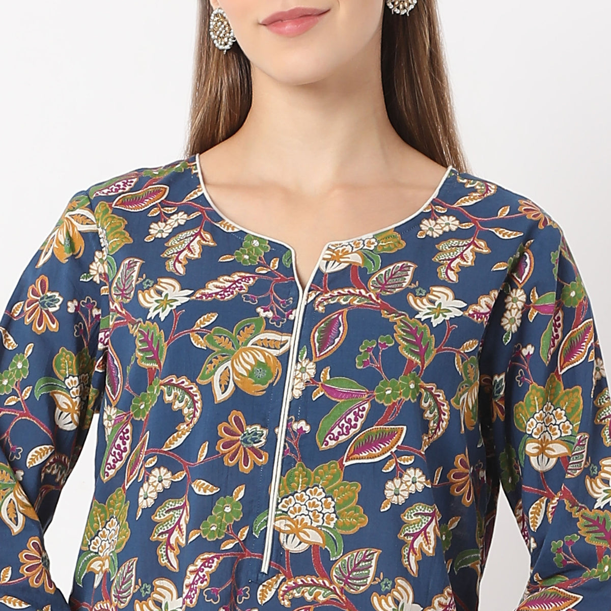 Straight Fit Floral Knee Length Band Collar Table Kurta