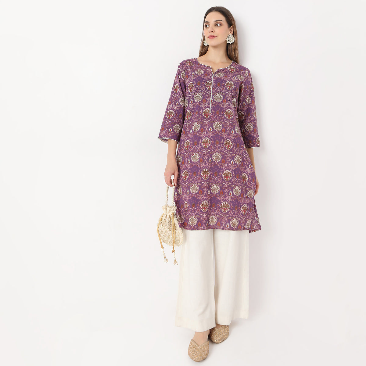 Straight Fit Floral Knee Length Band Collar Table Kurta