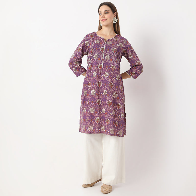 Straight Fit Floral Knee Length Band Collar Table Kurta