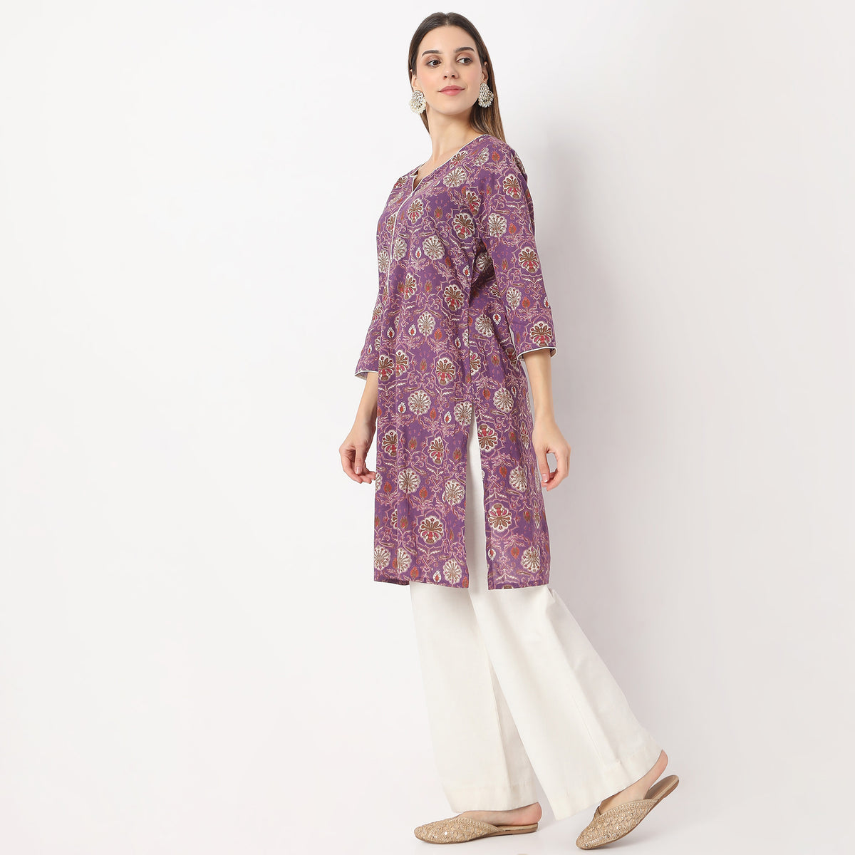 Straight Fit Floral Knee Length Band Collar Table Kurta