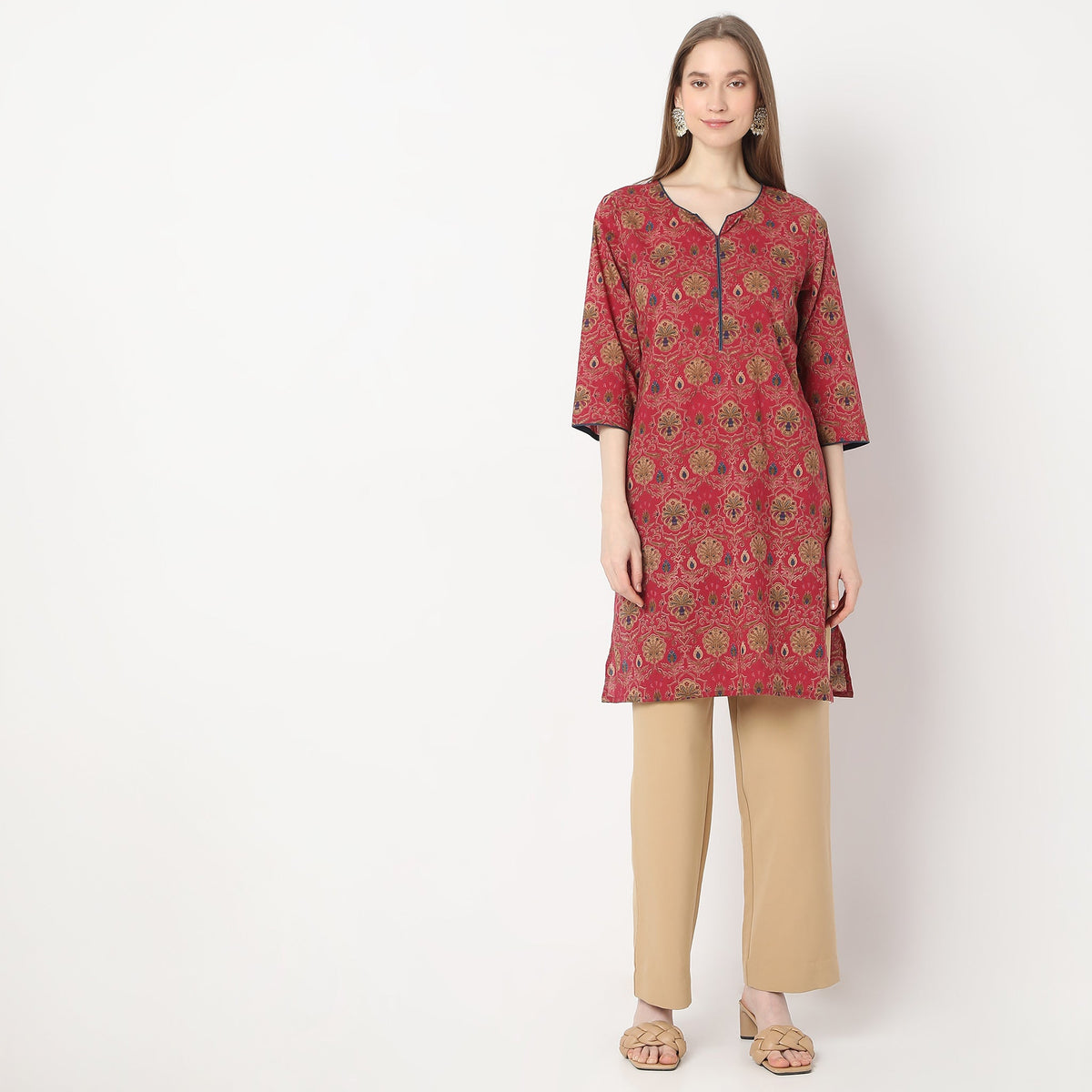 Straight Fit Floral Knee Length Band Collar Table Kurta