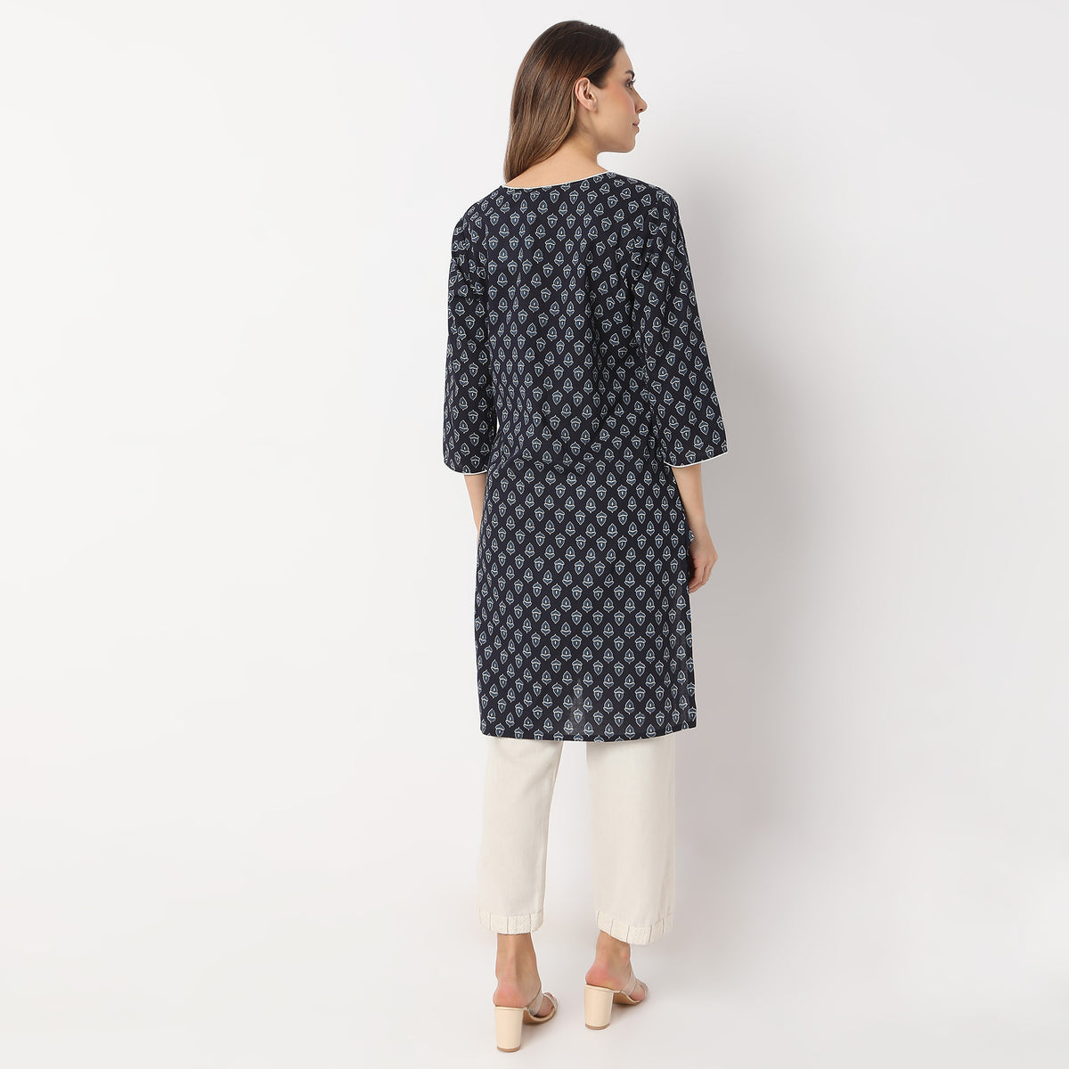 Straight Fit Floral Knee Length Band Collar Table Kurta