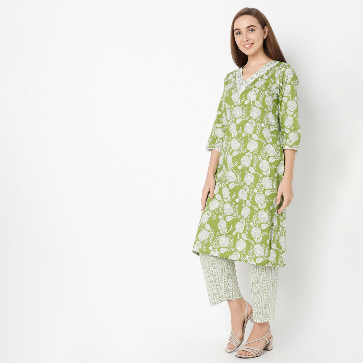V-Neck Printed Yoke Long Kurta