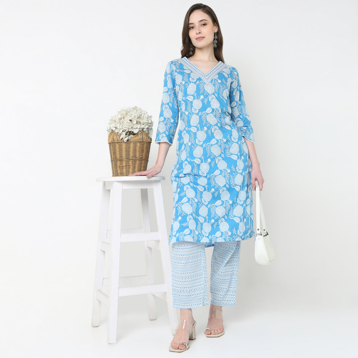 V-Neck Printed Yoke Long Kurta