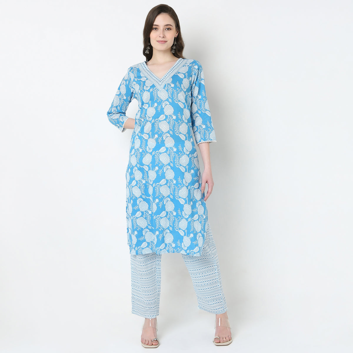 V-Neck Printed Yoke Long Kurta
