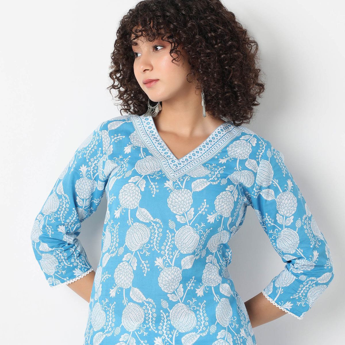V-Neck Printed Yoke Long Kurta