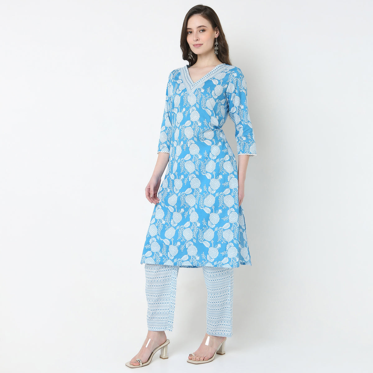V-Neck Printed Yoke Long Kurta