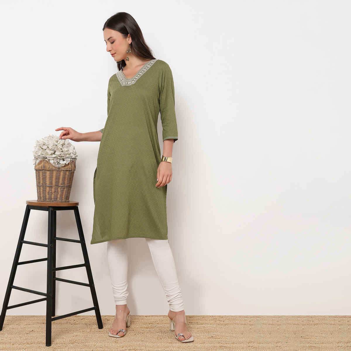 Straight Fit Embroidered Yoke Kurta