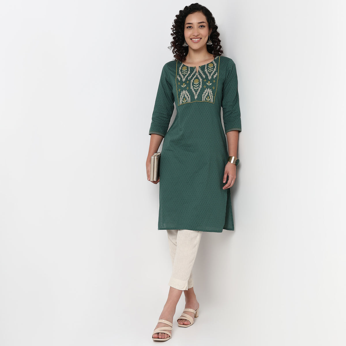 Round Neck Embroidered Yoke Straight Kurta