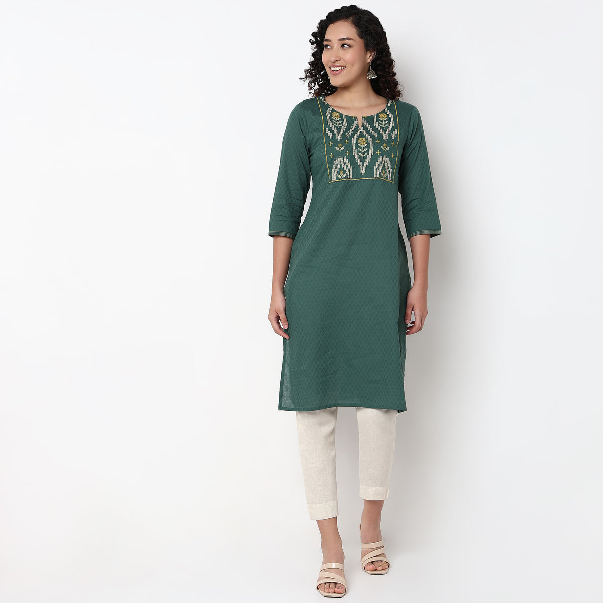 Round Neck Embroidered Yoke Straight Kurta