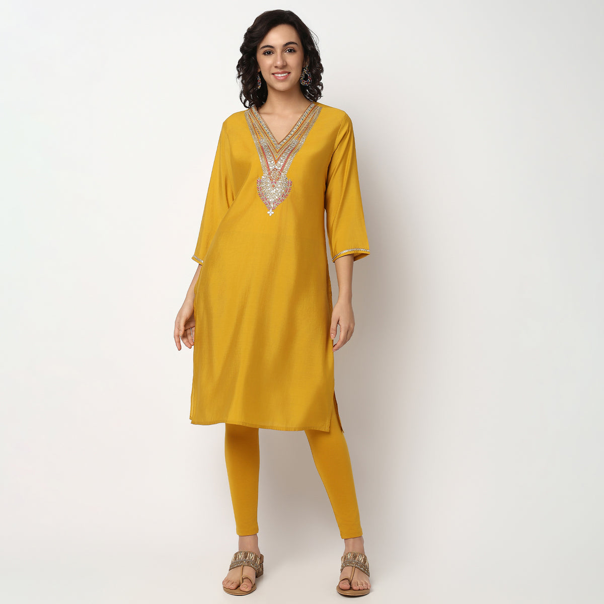 Buy Women Straight Fit Embellished Three-Fourth Sleeve Kurta  - Style Union