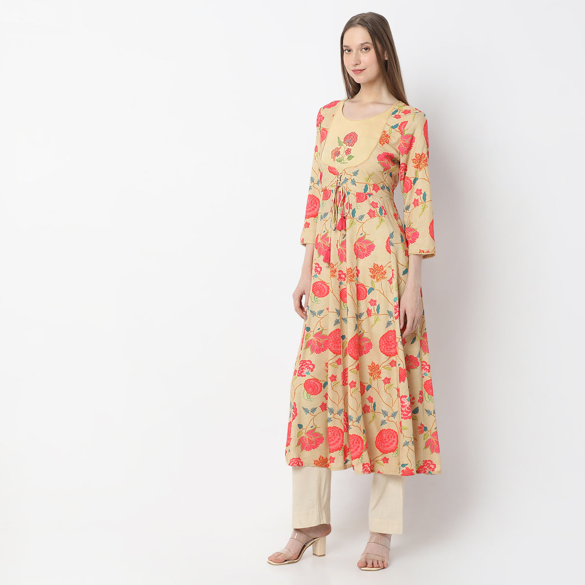 All Over Floral Print Blossoming Reflections Gathered Kurta with Mock Jacket Style