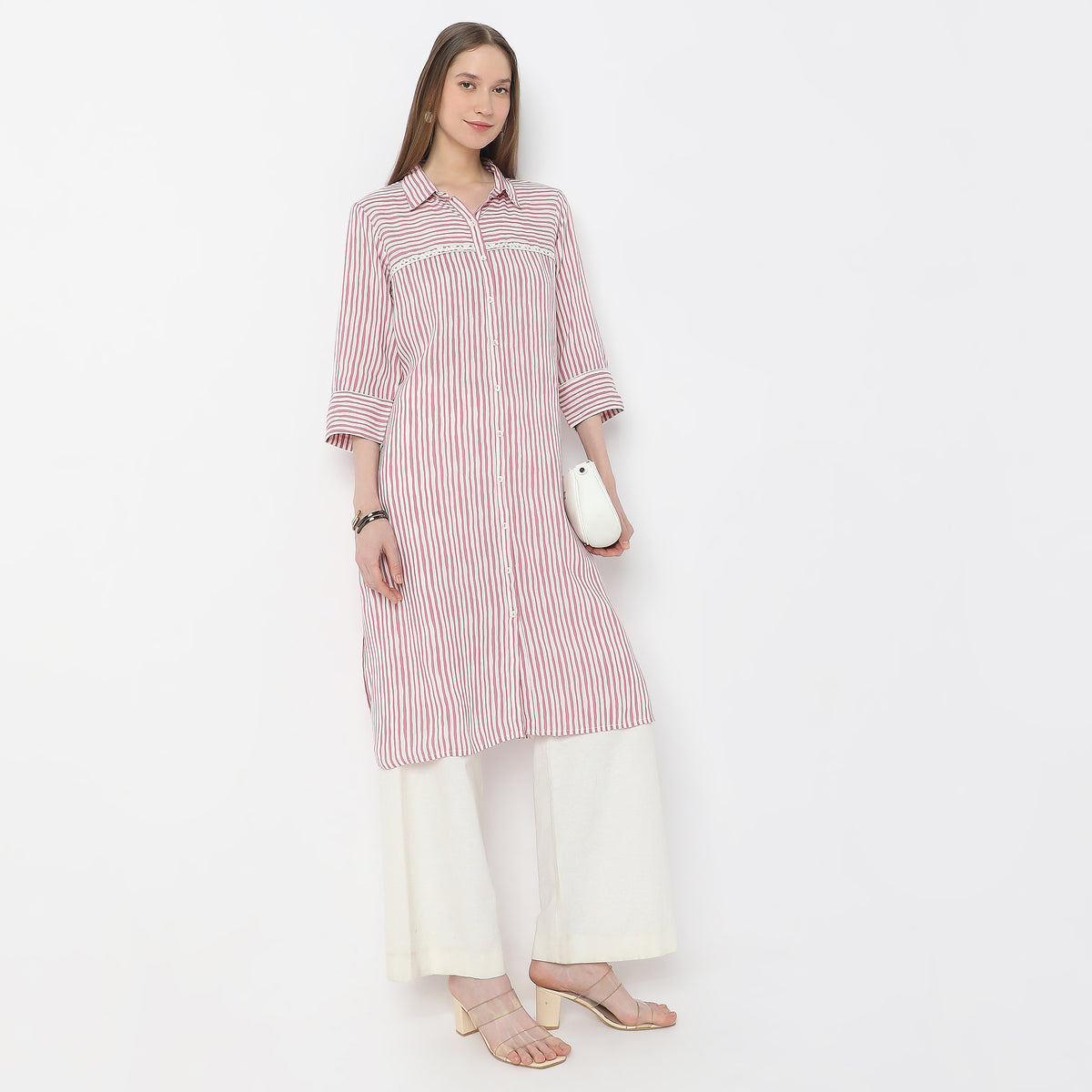 Striped Knee Length Coller Embroidered Straight Fit Kurta