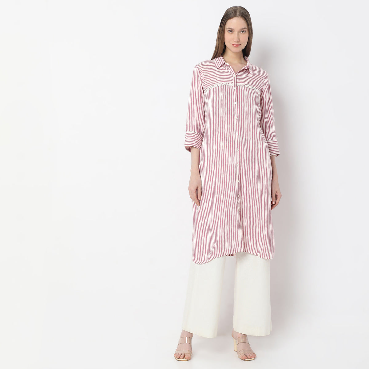 Striped Knee Length Coller Embroidered Straight Fit Kurta