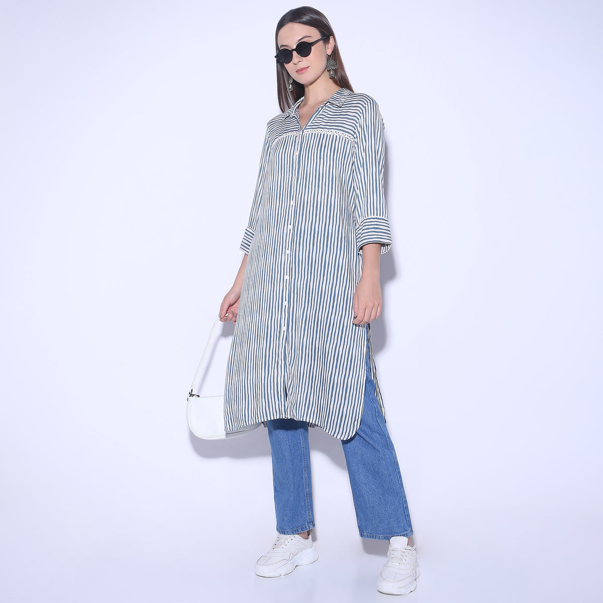 Striped Knee Length Coller Embroidered Straight Fit Kurta