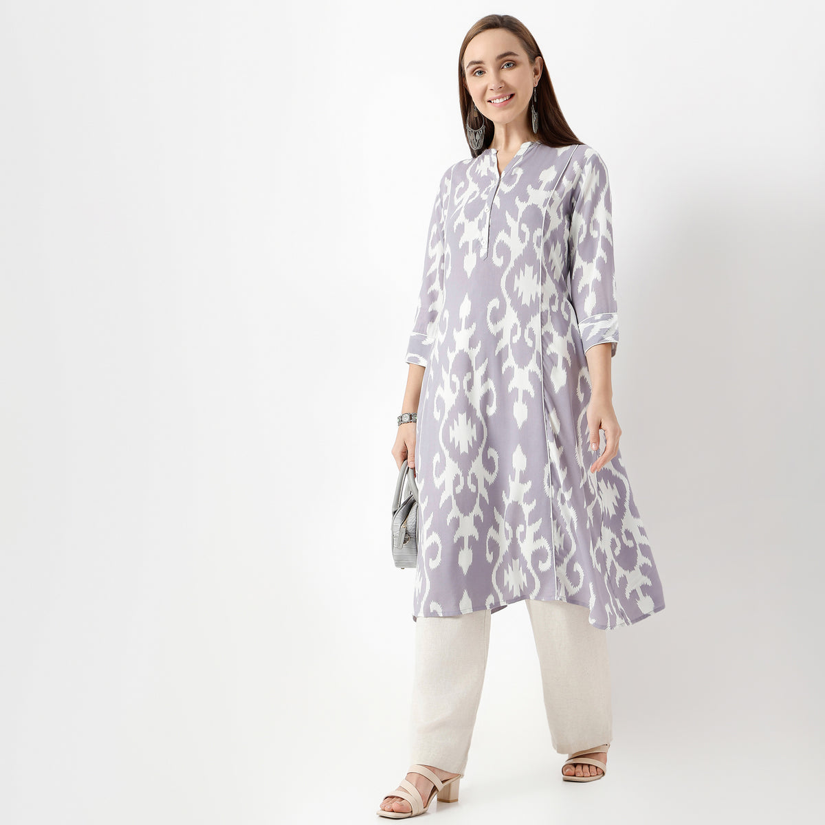Flare Fit Printed Band Collar Kurta