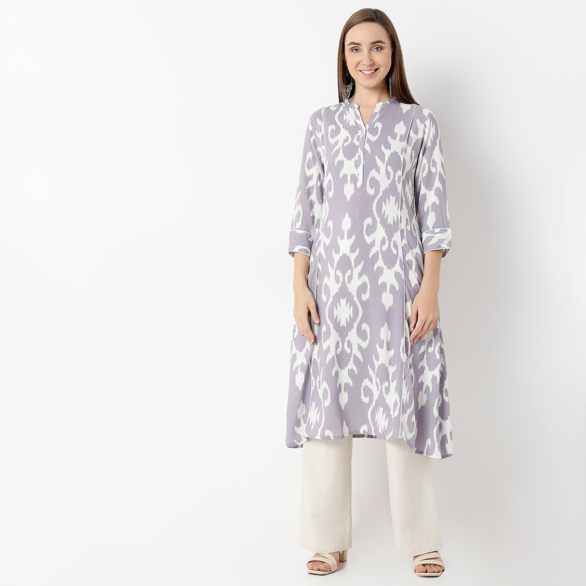 Flare Fit Printed Band Collar Kurta