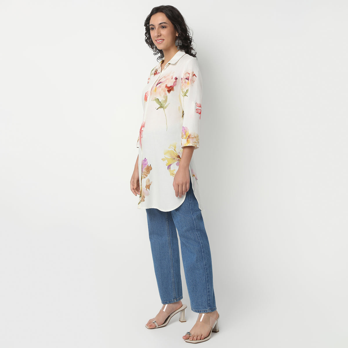 Above Knee Three-Fourth Sleeve Shirt Collar Flare Fit Printed Kurta