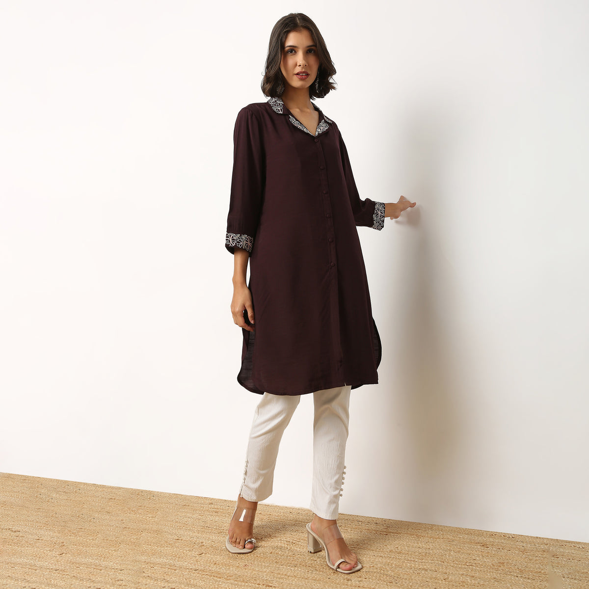 Buy Women Straight Fit Embroidered Three-Fourth Sleeve Kurta  - Style Union