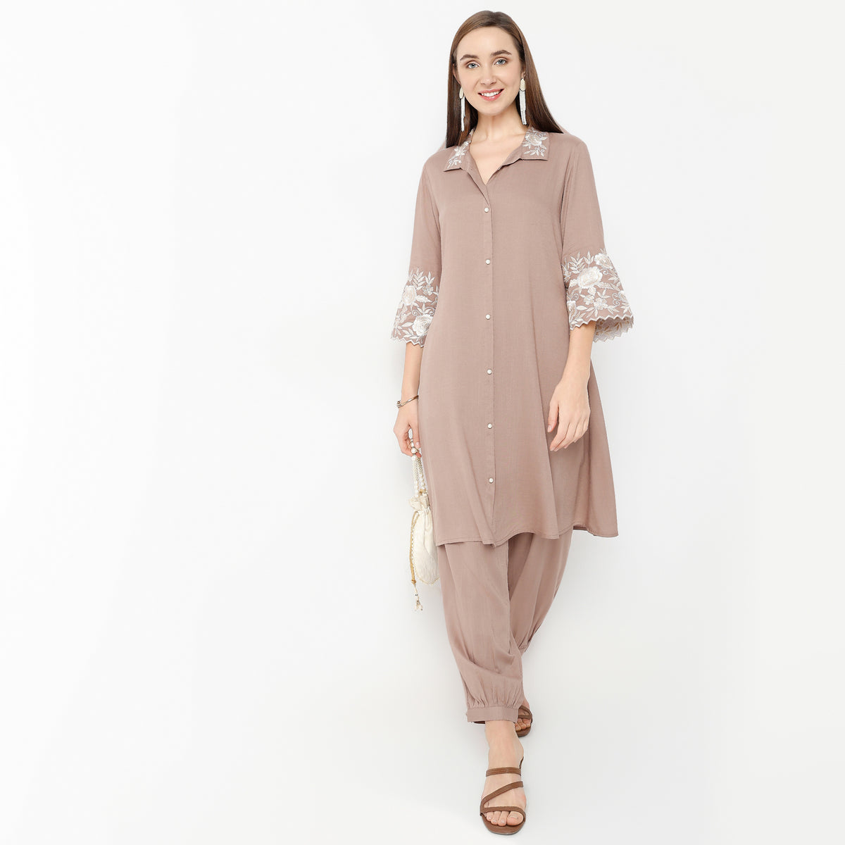 Regular Fit Embroidered Shirt Collar Kurta with Pant Set