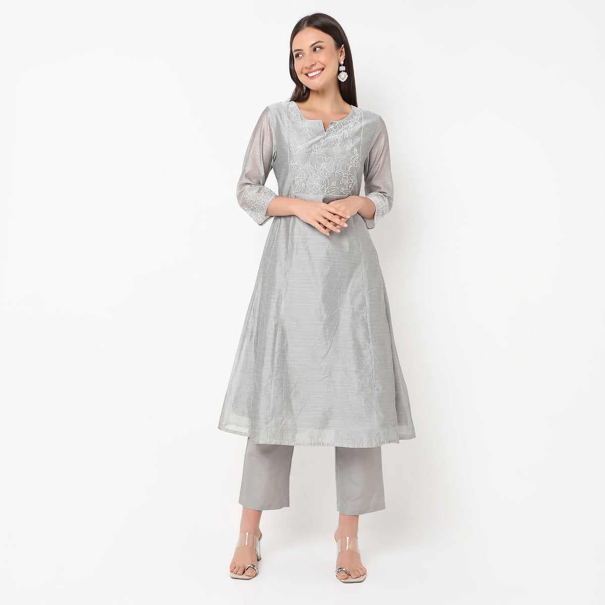 Flare Fit Embroidered Kurta and Pant with Dupatta Set
