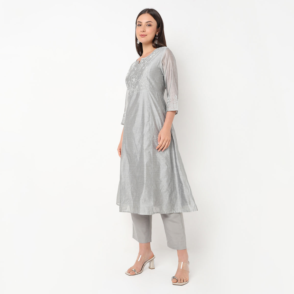 Flare Fit Embroidered Kurta and Pant with Dupatta Set