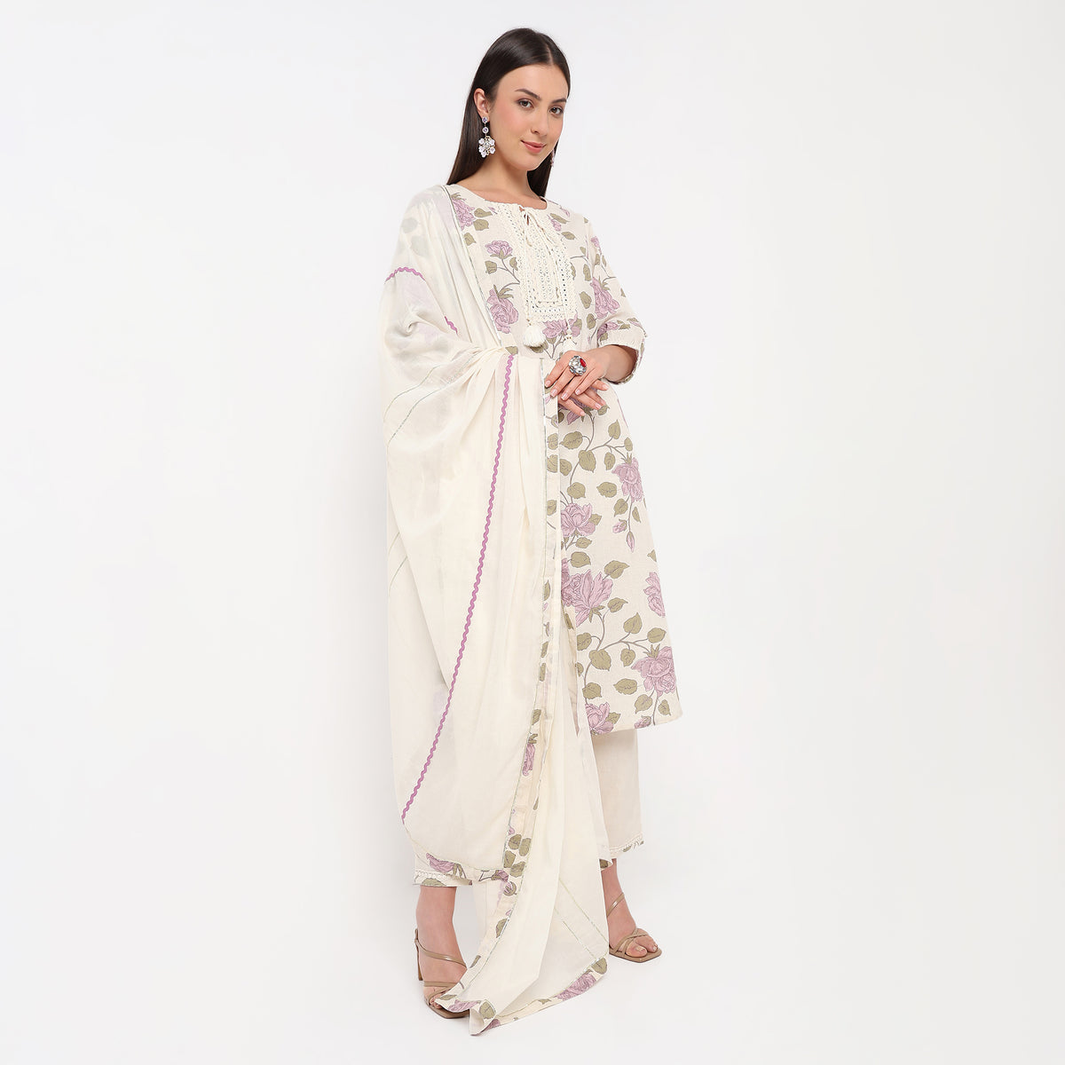 Floral Print Round Neck Kurta with Pant Set