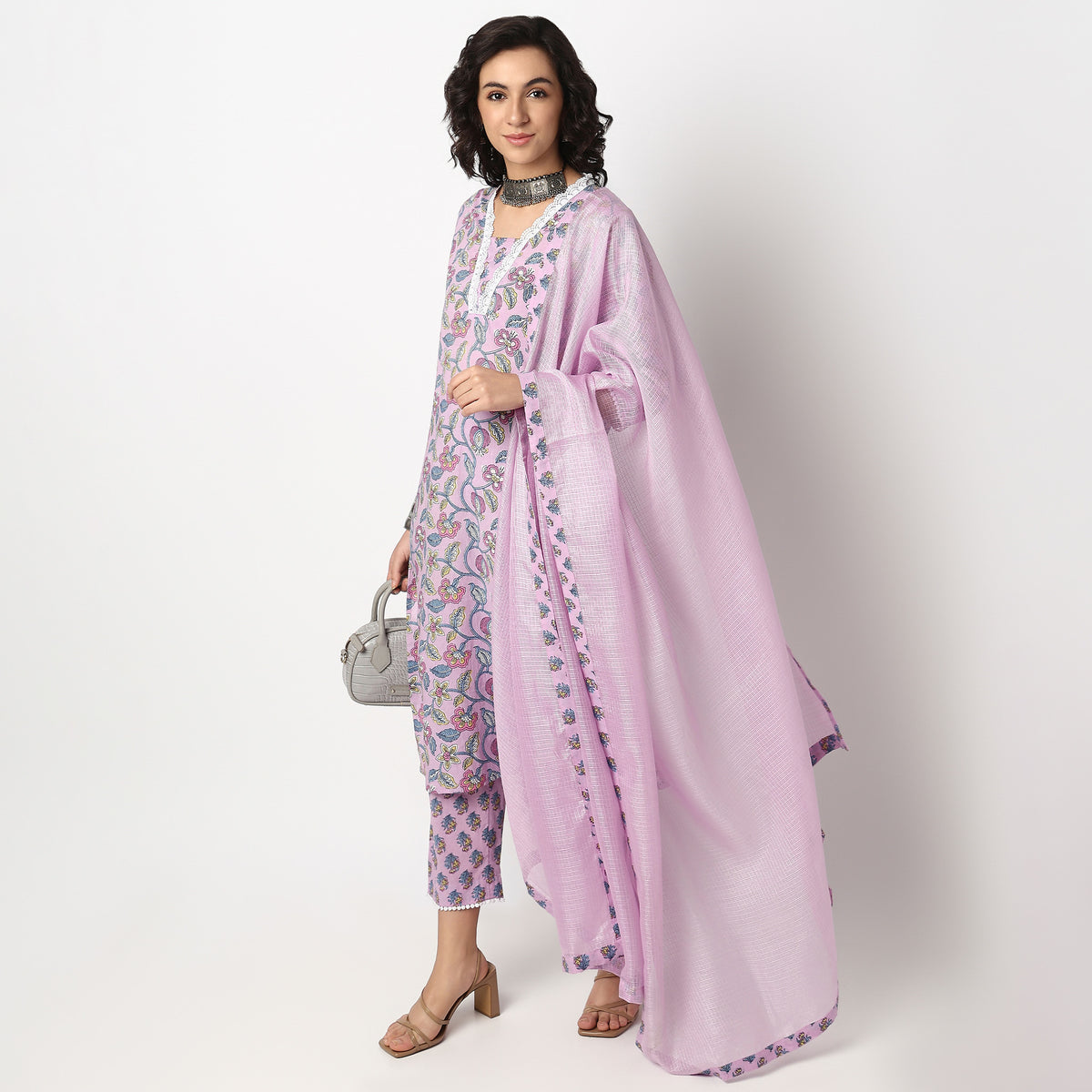 Buy Women Flare Fit Printed Three-Fourth Sleeve Kurta and Pant with Dupatta Set  - Style Union