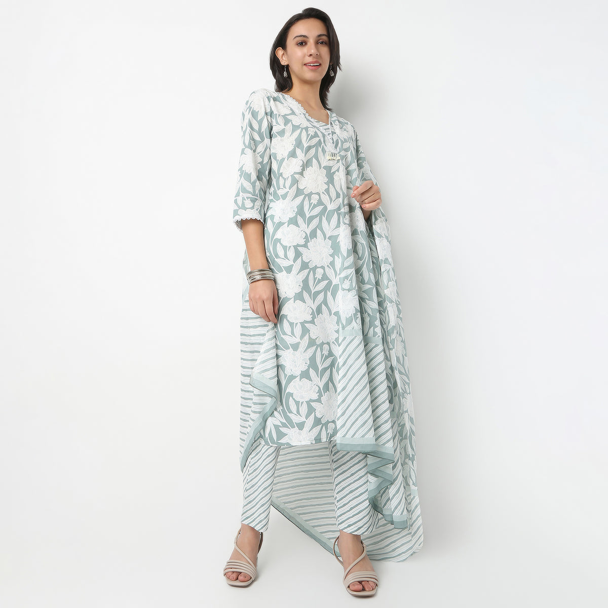 Straight Fit Printed V-Neck Kurta and Pant with Dupatta Set