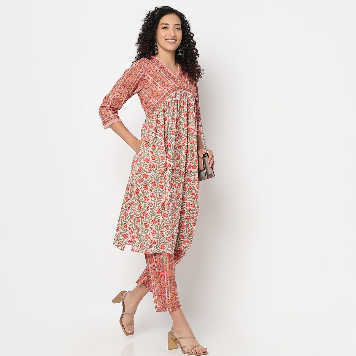 Flare Fit Printed V-Neck Kurta with Pant Set