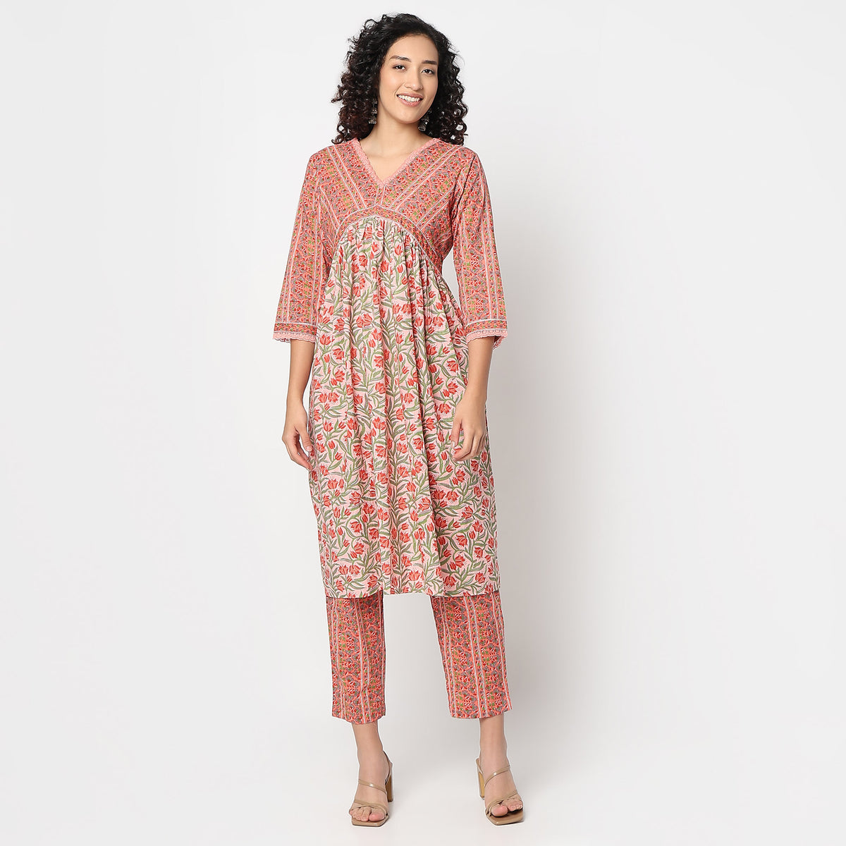 Flare Fit Printed V-Neck Kurta with Pant Set