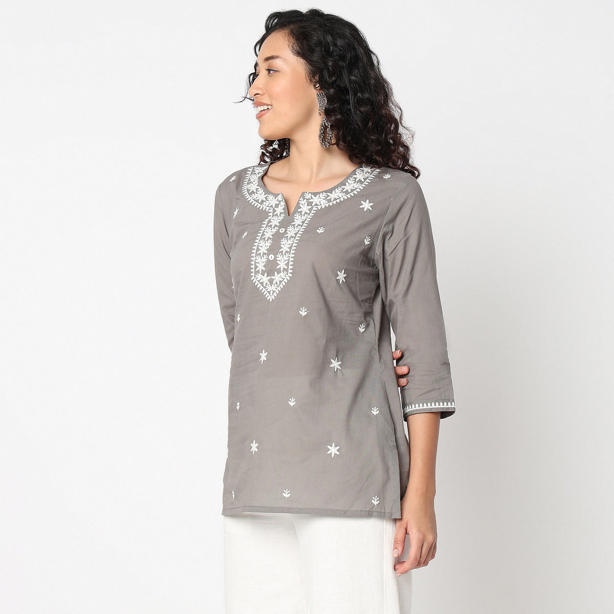 Embroidered Round Neck Short Kurti