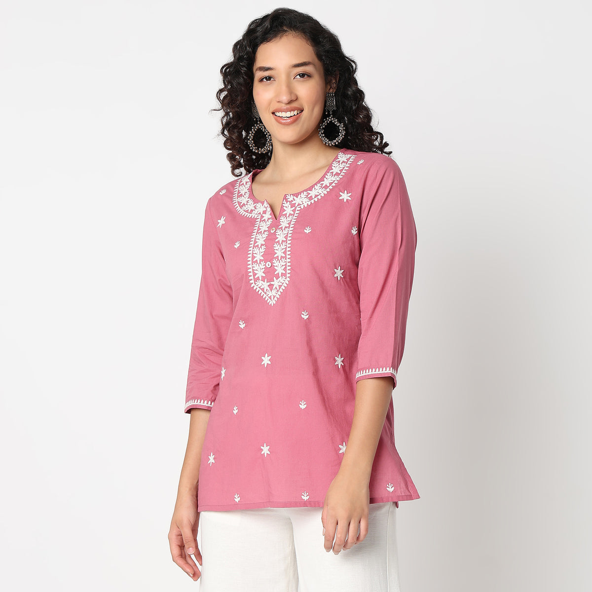 Embroidered Round Neck Short Kurti