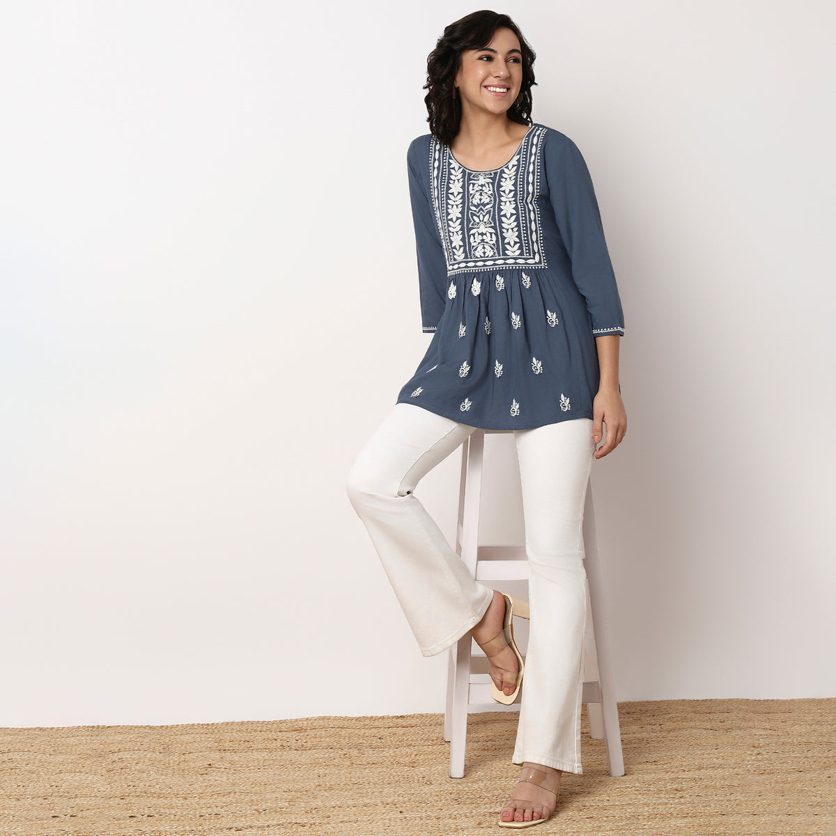 Embroidered Above Knee Flared Short Kurta