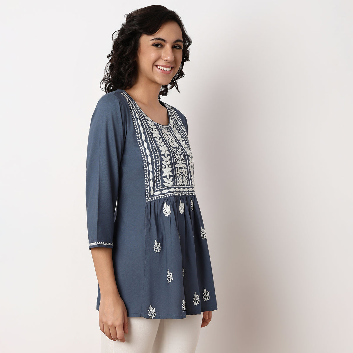 Embroidered Above Knee Flared Short Kurta