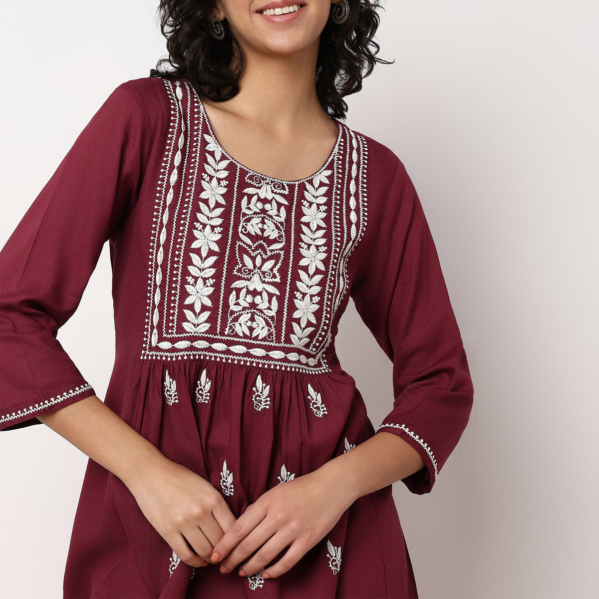 Embroidered Above Knee Flared Short Kurta