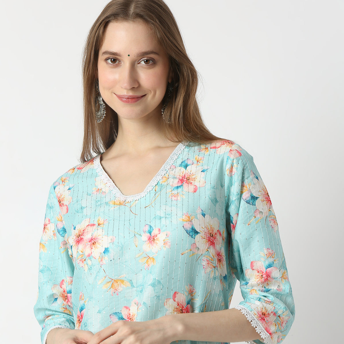 Printed V-Neck Straight Kurta