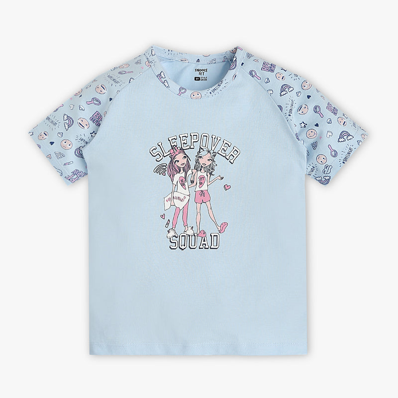 Girls Regular Fit Printed Crew Neck Short Sleeve T-Shirt with Trackpant Sleepwear Set