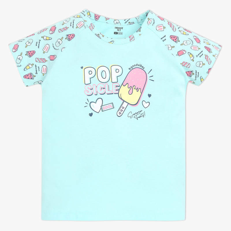 Girls Crew Neck Cap Sleeve Printed Must Have Snooze Cordinate Set | Refreshing Graphic Tshirt With Matching Pattern Printed Trackpant | Comfortable Body For Ease | Breathable And Absorbent 100% Cotton Single Jersey Fabric.