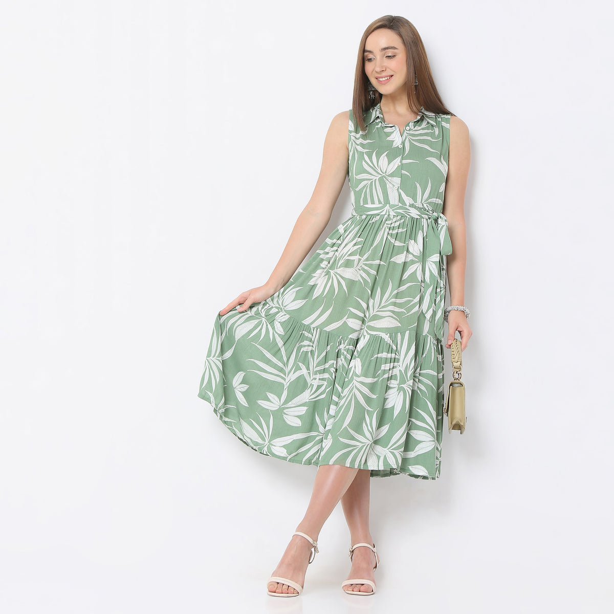Flare Fit Floral Print Shirt Collar Calf Length Dress