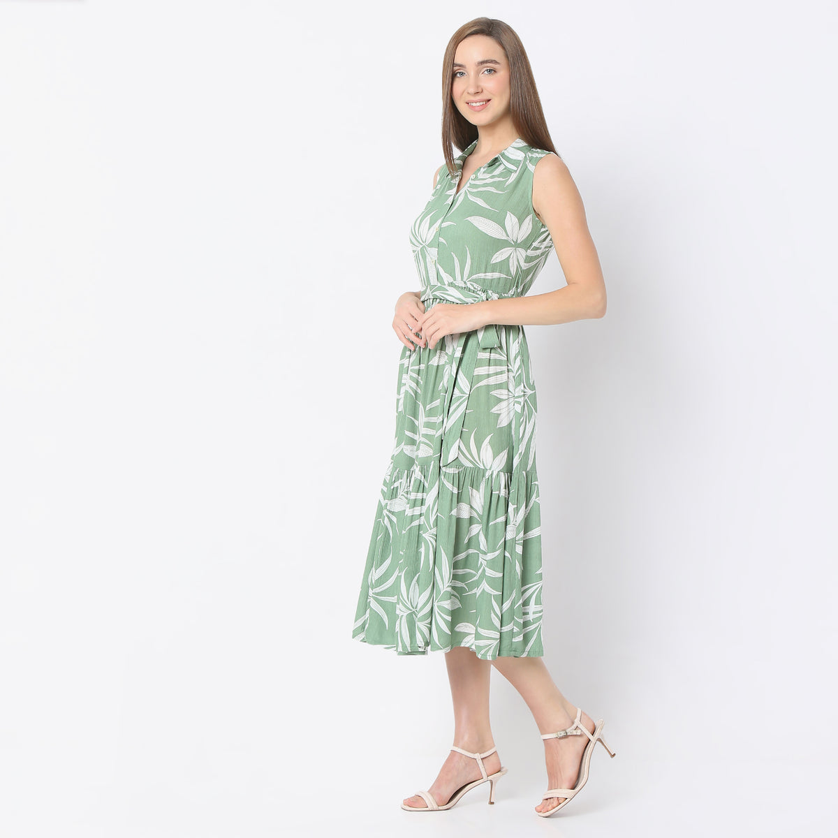 Flare Fit Floral Print Shirt Collar Calf Length Dress