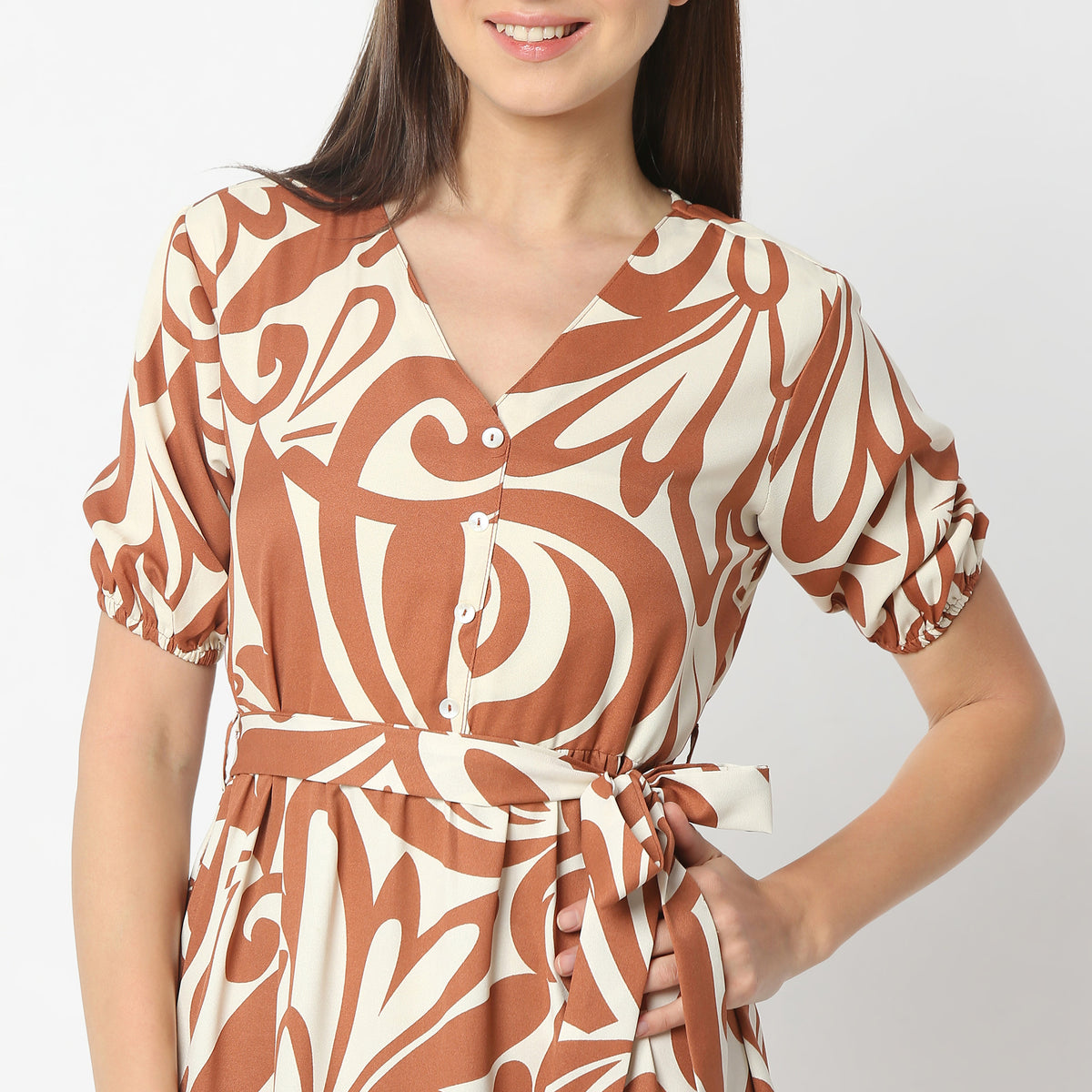 Flare Fit Printed V-Neck Below Knee Dress