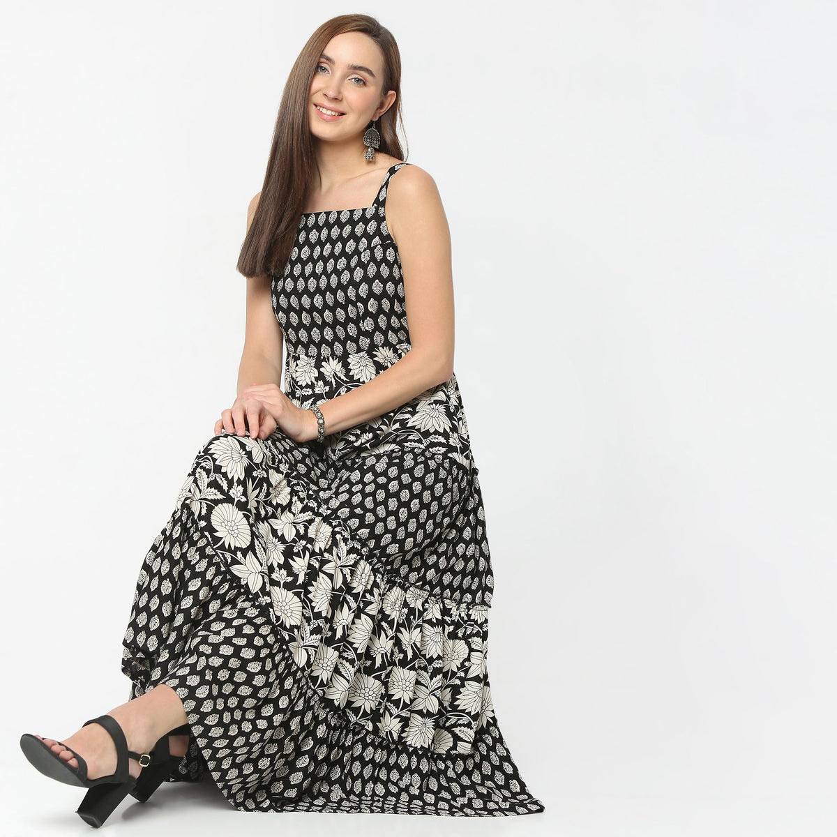 Flare Fit Printed Square Neck Full Length Dress