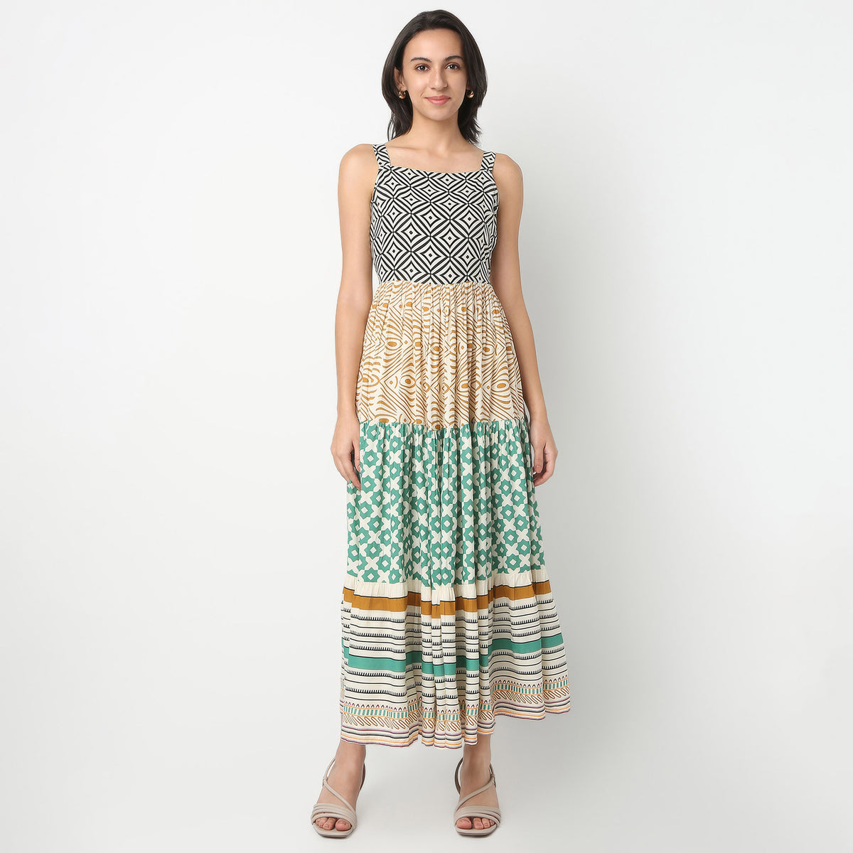 Printed Calf Length Square Neck Flared Sleeveless Dress